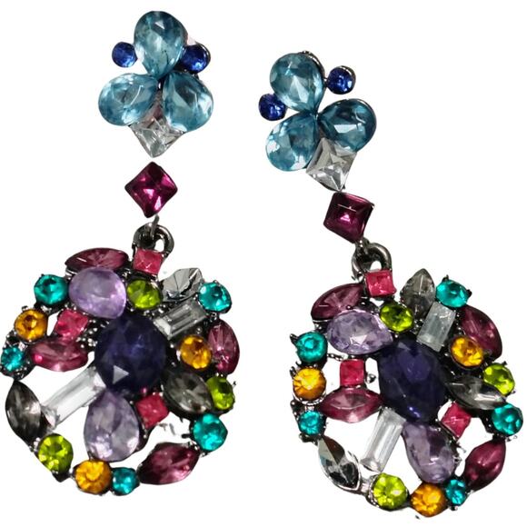 Dangling Crystal Bling Oval Statement Pierced Earrings Multi Color Rhinestone - Picture 3 of 5